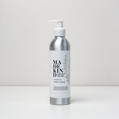 photo of a 250ml aluminium MadeKind natural shampoo bottle